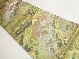 地紙に鶴・松・草花模様織出し袋帯